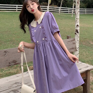 景怡依2025夏季新款胖女孩連衣裙小清新初中高中學(xué)生甜美休閑寬松裙子棉 紫色 XL