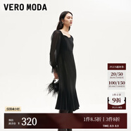 VEROMODA連衣裙2024秋季女裝新款天鵝絨拼接網(wǎng)紗魚(yú)尾長(zhǎng)裙鉆石領(lǐng)東方簡(jiǎn)奢風(fēng) 紗袖絲絨裙-黑色 L