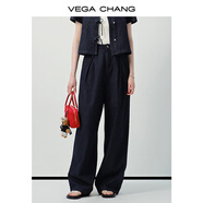 VEGA CHANG襯衫女2025新款夏通勤休閑翻領(lǐng)蝴蝶結系帶短袖襯衣外套 深牛仔藍（牛仔褲） L