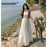 AIGOUGRT早秋連衣裙女2025年新款波西米亞度假風(fēng)大擺吊帶裙開(kāi)衫兩件套裝 卡其開(kāi)衫+吊帶裙配腰帶 XL 建議120-140斤
