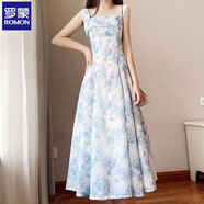 羅蒙碎花連衣裙女2025夏季新高級感冷淡風(fēng)一字領(lǐng)吊帶裙藍色水墨畫(huà)扎染 連衣裙 (單件連衣裙) M 90-105斤