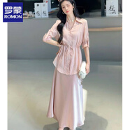 羅蒙綢緞連衣裙兩件套女歐洲站2025春夏新款遮肚顯瘦天絲收腰襯衫吊帶 香檳粉 套裝 XL 建議140-160斤