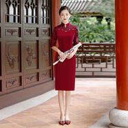 TONSON BEAUTY媽媽秋裝韓國(guó)絨修身旗袍裙高檔拼接蕾絲鏤空連衣裙 酒紅色 2XL 建議115-125斤