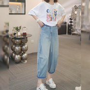 莉社淺藍(lán)色松緊腰九分彎刀牛仔褲女夏季新款梨型身材顯瘦抽繩哈倫褲 淺藍(lán)色 S