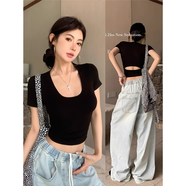 莉社黑色U領(lǐng)露腰短袖T恤女夏季辣妹緊身短款正肩體恤后背鏤空低領(lǐng)上衣 黑色 【短袖女t恤夏/t恤女2024新 S