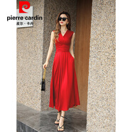 皮爾卡丹（pierre cardin）別致紅色連衣裙2025年新款女無袖收腰顯瘦中長款法式春夏裙子 大紅色今年流行的輕奢品牌 2XL