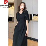 皮爾卡丹（pierre cardin）高端夏季黑色真絲連衣裙胖妹妹大碼女神范V領(lǐng)顯瘦中長款開叉A字裙 黑色連衣裙 2XL 建議135-148斤