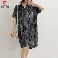 皮爾卡丹（pierre cardin）2025夏裝人造棉寬松顯瘦碎花棉綢連衣裙女沙灘裙海邊度假短袖薄款 白黑 愛(ài)心年輪 3XL 適合130-150斤