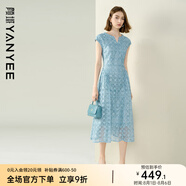 顏域鏤空蕾絲連衣裙女2025夏季新款輕熟高腰顯瘦通勤減齡氣質(zhì)裙子 藍花 S