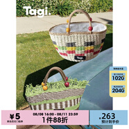Tagi.木頭果子編織手提手工野餐包串珠度假包草編休閑女包 綠野蘋果