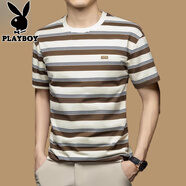 花花公子（PLAYBOY）夏季圓領(lǐng)短袖t恤男寬松休閑條紋半袖桑蠶絲百搭冰涼感上衣T恤男裝 米白色 GK471 M 165