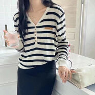溥畔秋冬新款毛衣v領橫條紋針織衫顯瘦百搭上衣女遮肚簡約單排扣 黑白條紋 均碼 【80-140斤】