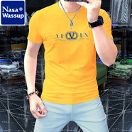 nasawassup夏季圓領(lǐng)半袖絲光棉短袖衫T恤t上衣男裝新款壓花燙鉆帥氣男士修身 黃色 M (95-115斤)