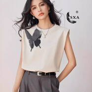 SXA香港潮牌純棉無袖T恤背心女裝氣質(zhì)印花蝴蝶女上衣優(yōu)雅時尚顯瘦t恤 圖色 XL