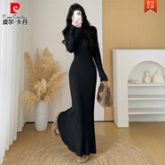 皮爾卡丹高個(gè)子超長(zhǎng)款高領(lǐng)針織魚(yú)尾連衣裙女秋冬大衣內(nèi)搭修身高腰打底長(zhǎng)裙 黑色 S 建議75-90體重
