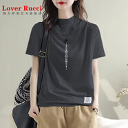 LOVER RUCCI新品夏季純棉半高領(lǐng)短袖T恤女大碼寬松顯瘦百搭印花體恤衫上衣女 灰色【白豎-花蝶紋】 2XL 建議125-145斤