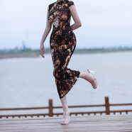 街頭露出女裝包臀長褲透視中國風修身改良旗袍長款緊身連衣裙 紅褐色