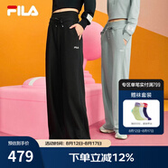 FILA 斐樂官方女士針織長褲冬季新款休閑寬松加絨抗菌闊腿褲 混沌灰綠-GN S