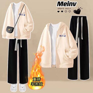 三棲虎青少女夏裝學(xué)院風(fēng)韓版開(kāi)衫外套連帽衛衣套裝春秋時(shí)尚寬松休閑穿搭 杏色外套+黑抽繩褲【加絨套裝】 S  【建議80斤內】