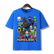氧摩Minecraft短袖T恤我的世界衣服兒童夏天男童 棉時(shí)尚潮酷半袖上衣 藍色-世界組合 140 cm