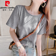 皮爾卡丹短袖t恤女夏季冰絲黃色針織上衣寬松正肩卷邊大領(lǐng)口體恤ins潮新款 淡雅灰 L