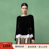 生活在左【林棲作品】真絲絲絨T恤手工釘珠蕾絲2025秋季新款上衣 黑白 M