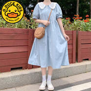 G.DUCKKIDS夏裝少女裙子初中高中學(xué)生寬松胖大童8-16歲女孩假兩件連衣裙夏天 淺藍色娃娃領(lǐng)連衣裙 170 M 70-90斤8-10歲