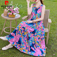 皮爾卡丹（pierre cardin）夏季新款法式無(wú)袖吊帶棉綢連衣裙女大擺沙灘裙多巴胺風(fēng) 9號 XL 建議90-115斤