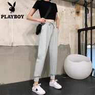 花花公子（PLAYBOY）ins原宿風(fēng)女士衛褲運動(dòng)褲子學(xué)生春秋季束腳厚韓版寬松哈倫休閑褲 純色灰羅 薄款 M 【75-90】斤