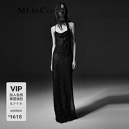 MO&Co.【NOIR系列】吊帶長裙重工手繡羽毛流蘇細帶露背開叉連衣裙 黑色 S 160