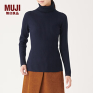無印良品 MUJI 女式 寬羅紋 高領(lǐng)毛衣 長(zhǎng)袖針織衫  W9AA872 海軍藍(lán) XL