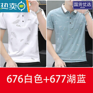 南極人男士t恤純棉翻領(lǐng)印花po.lo衫潮流百搭衣服衫男裝有領(lǐng)半袖 676白色+677湖藍 L