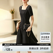 尚都比拉短袖連衣裙女夏季時(shí)尚通勤中長款a字裙釘珠收腰顯瘦裙子 黑色 XL