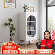 妍苒鐵藝餐邊柜廚房置物柜茶水柜現(xiàn)代家用客廳邊柜儲(chǔ)物柜靠墻收納柜子 單1門圓弧鋼化玻璃白色424寬 加厚板材