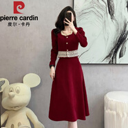 皮爾卡丹（pierre cardin）赫本風(fēng)小禮服法式復(fù)古氣質(zhì)絲絨泡泡袖小黑裙連衣裙高腰顯瘦打底裙 酒紅色 2XL 125-145斤