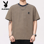 花花公子（PLAYBOY）條紋T恤男短袖2025夏季新款寬松復古休閑體恤衫 藍卡條紋 M 適合100-120斤