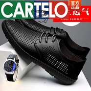 卡帝樂鱷魚（CARTELO）男士涼鞋男鞋夏季2024新款休閑涼皮鞋男款洞洞軟底透氣鏤空皮涼 黑色 41