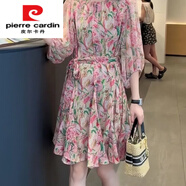 皮爾卡丹（PIERRE CARDIN）官方品牌2025夏季新款時尚氣質(zhì)寬松顯瘦泡泡系帶圓領(lǐng)休閑碎花裙子 郁金香 2XL