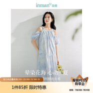茵曼（INMAN）法式暈染女裝V領(lǐng)吊帶連衣裙2025夏季新品裙子 白底藍(lán)花-掛脖 S