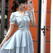 芭鳶不規(guī)則ins甜美系韓版格子連衣裙女2025夏季新款學(xué)院風(fēng)收腰蓬蓬裙 藍(lán)色  S