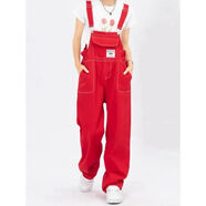 多巴胺黃色寬松牛仔背帶褲女2025新款牛仔褲夏季女直筒闊腿長(cháng)褲子 紅色 XL -建議120-140斤左右