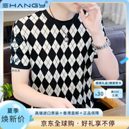 Ehangy國際奢侈品牌冰絲網(wǎng)眼鏤空短袖恤男夏季新款菱形格子圓領體恤衫透 236586黑色 M 90115斤