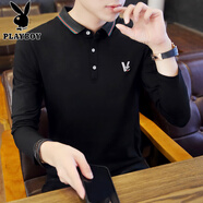 花花公子（PLAYBOY）2025新款襯衫領(lǐng)t恤男長(zhǎng)袖polo.衫翻領(lǐng)體恤潮流有領(lǐng)棉秋衣打底衫 908黑色不加絨 M 90-105斤穿