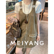 美洋（MEIYANG）可可背帶裙 率性不羈 立體貼布刺繡拉鏈牛仔裙 淺咖色 XL