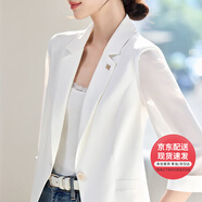 凡琴拼接網(wǎng)紗袖西裝外套通勤七分袖開(kāi)衫女上衣 452XC1980 白色  XL