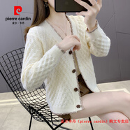 皮爾卡丹（pierre cardin）2025秋冬新款花邊百搭毛衣女開衫寬松薄款針織衫鏤空顯瘦外套女 米白色 不掉色 S