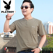 花花公子（PLAYBOY）爸爸裝40-50歲短袖t恤男中老年純棉夏裝打底汗衫休閑寬松爸爸上衣 卡其【Y領(lǐng)款】 M