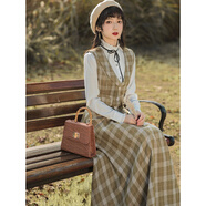 AJLAJK小洋裝民國風(fēng)女裝學(xué)院英倫風(fēng)連衣裙子留洋千金大小姐套裝復古秋季 三件套(馬甲+半身裙+襯衣)B款 L