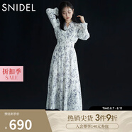 SNIDEL秋冬甜美碎花系帶收腰百褶雪紡連衣裙SWFO245033 淺藍(lán)色 M （1）