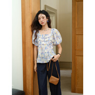 謎秀復古風(fēng)氣質(zhì)方領(lǐng)泡泡袖襯衫女2025夏季甜美寬松娃娃衫印花小衫 藍色  上衣 S